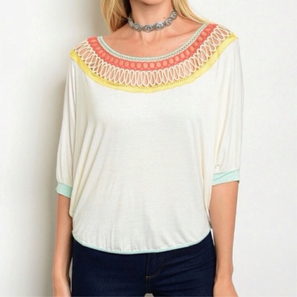 Tops - Crochet Scoop Neck 3/4 Sleeve Tee Tops - Crochet Scoop Neck 3/4 Sleeve Tee